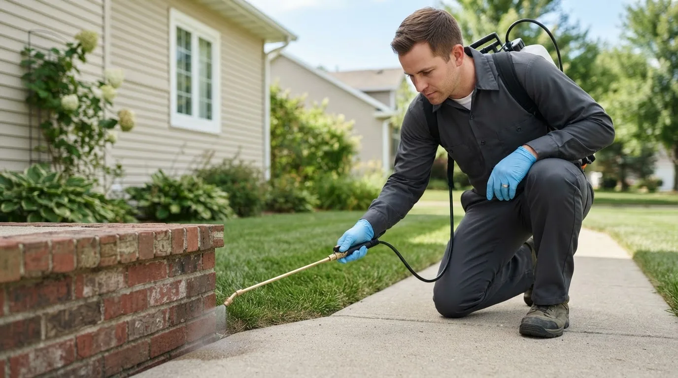 Pest control technician treating a home near Mcgrady, NC